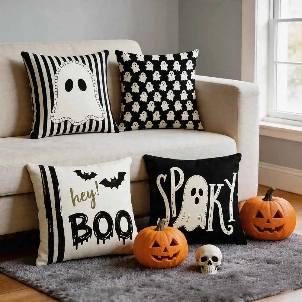 Housse d'oreiller décorative d'Halloween Fantôme Rigolo – 45 x 45 cm pour canapé, causeuse et déco intérieure