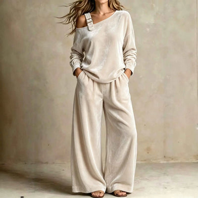 Women’s Velvet Two-Piece Set – Elegant Off-Shoulder Long-Sleeve Top & Full-Length Pants