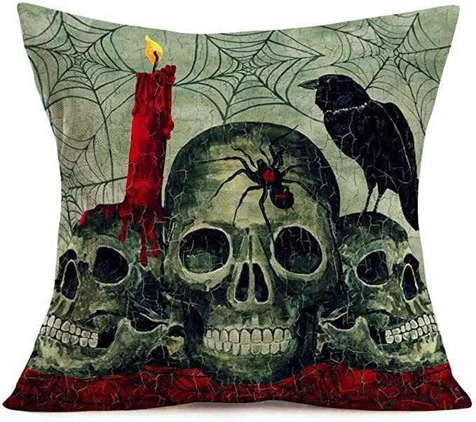 Housse de coussin décorative Halloween – Crâne et pierre tombale gris-vert