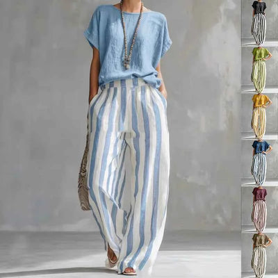 Ensemble d'été deux pièces pour femme – Haut à manches courtes et pantalon droit rayé