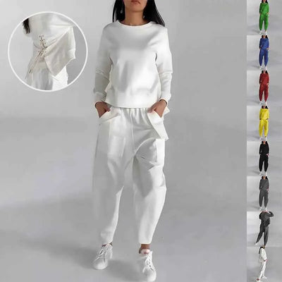 Fashion Women's Lounge Set – Solid Color Pullover Top and Wide Leg Trousers