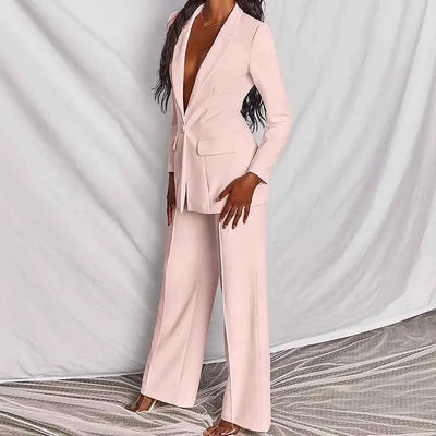 Ensemble tailleur pour femme – Blazer à revers boutonnée et pantalon droit
