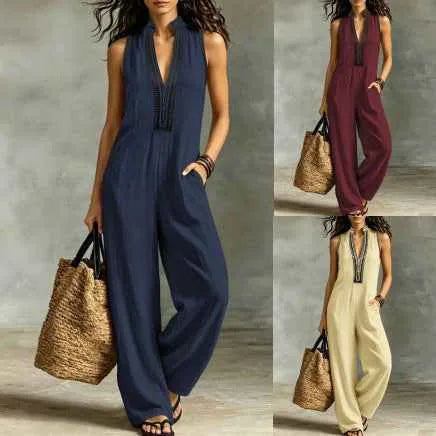 Combinaison sans manches pour femme – Col montant, encolure en V avec bordure en dentelle, pantalon large avec poches