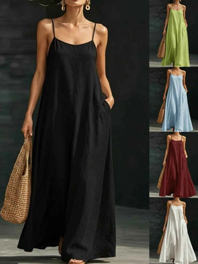 Robe Longue d'Été à Bretelles Spaghetti – Décontractée, Fluide et Longue pour Vacances