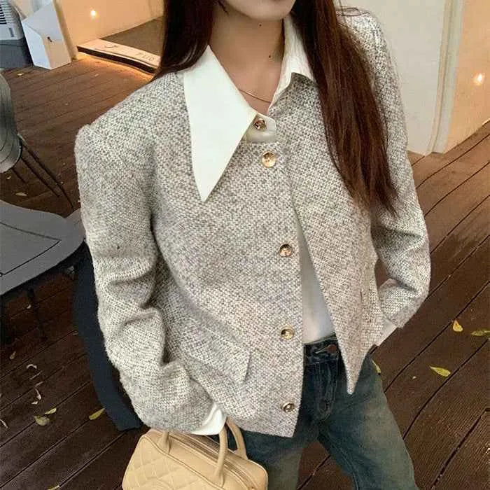 Haut tendance vintage en tweed à boutons pour femme