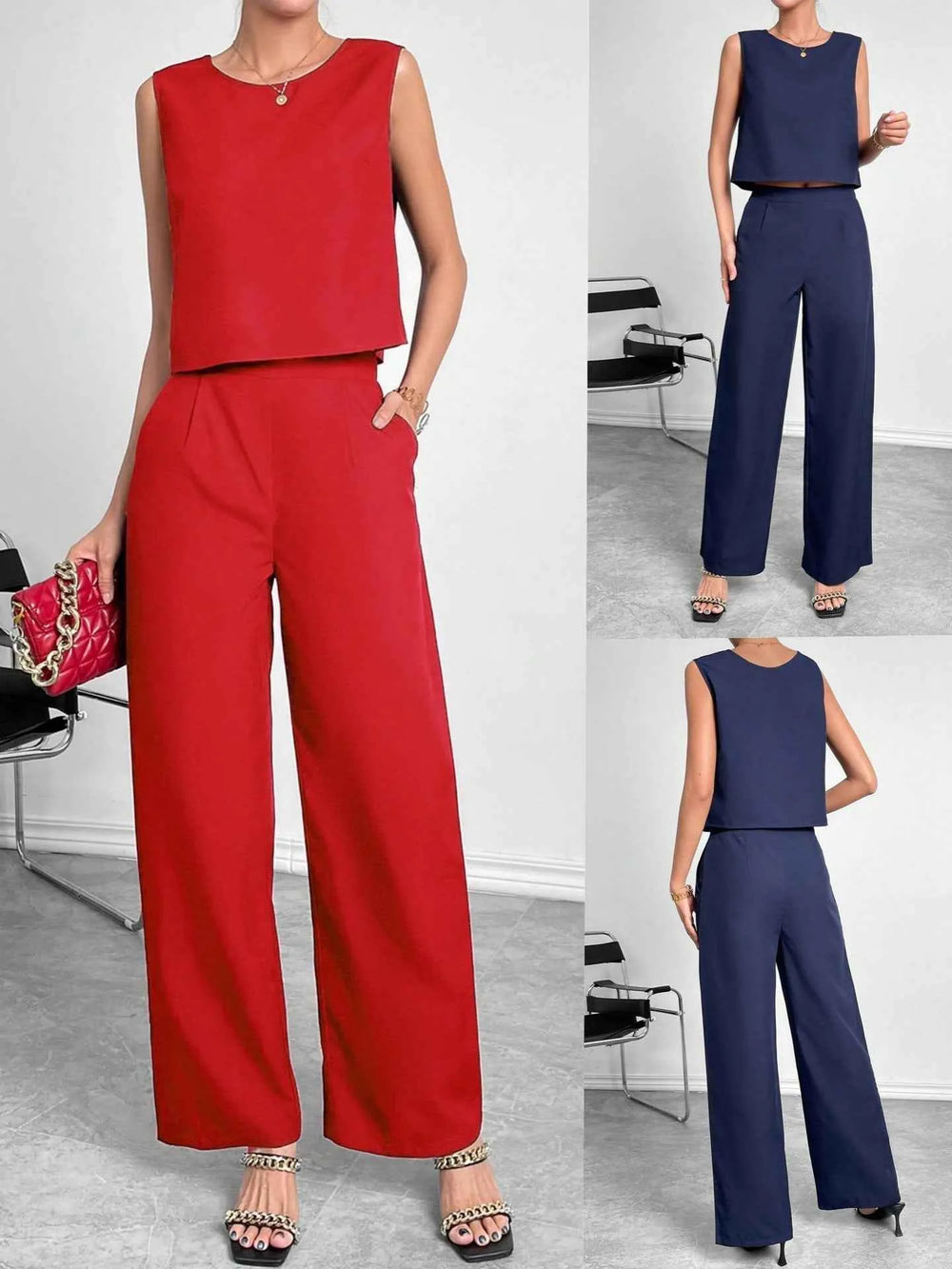 Ensemble deux pièces pour femme : haut court sans manches à col rond et pantalon large – Tenue décontractée unie pour le bureau