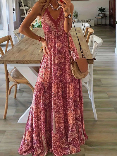 Women's Summer Boho Floral Print High-Waist V-Neck Spaghetti Strap Loose Maxi Dress