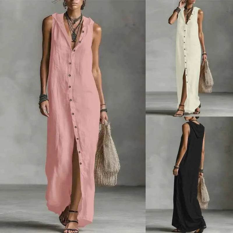 Robe longue sans manches à capuchon et boutons pour femmes – Robe longue décontractée pour vacances au printemps et à l'été