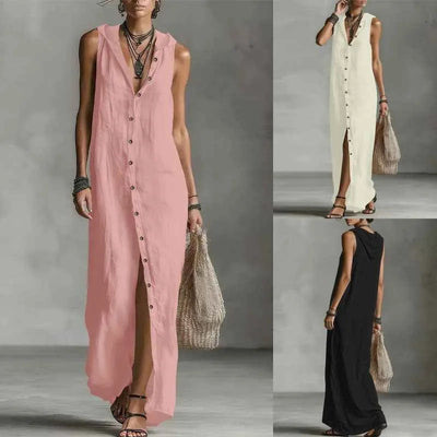 Robe longue sans manches à capuchon et boutons pour femmes – Robe longue décontractée pour vacances au printemps et à l'été