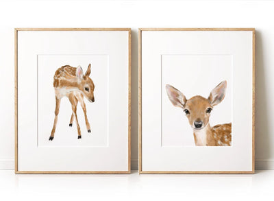 Décoration murale de faon pour bébé, décor de chambre de fille style Bambi, jolis animaux de la forêt, peinture bohème minimaliste et neutre pour chambre à coucher