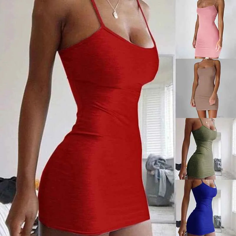 Robe ajustée à col suspendu de couleur unie – Robe nuisette sans manches moulante pour femme