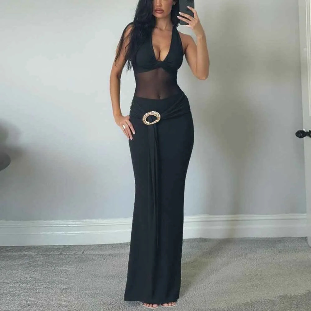 Robe moulante pour femme avec panneau en filet et dos nu – Longue robe de soirée à col licou