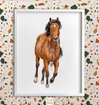 Tableau Aquarelle Cheval Brun Majestueux | Art Mural Moderne Quarter Américain | Décor Équestre, Ferme Terrestre, Signé par l'Artiste