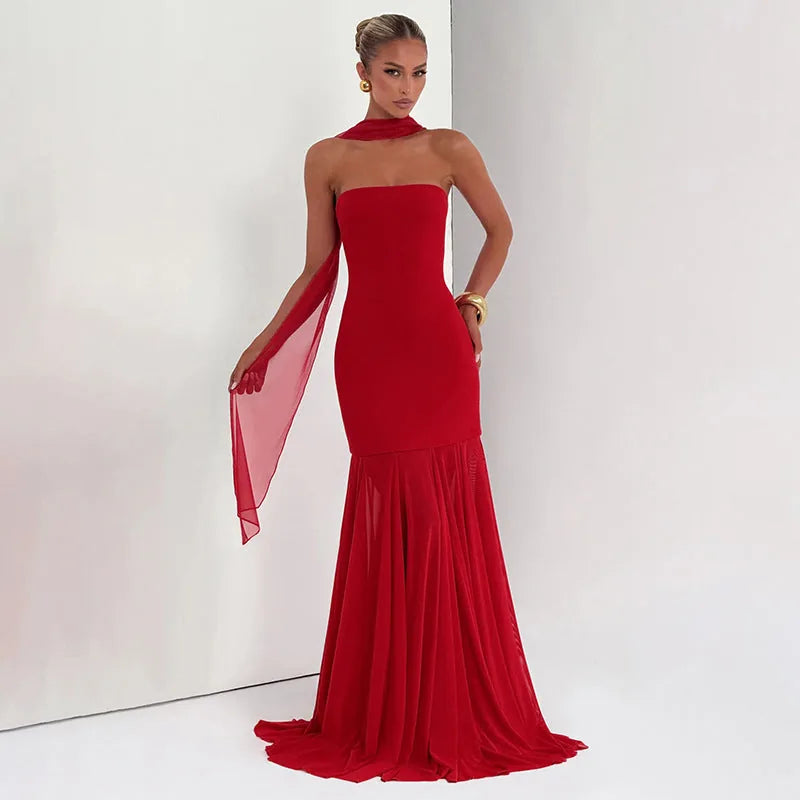 Women's Sleeveless Chiffon Tube Top Dress With Ribbons – Elegant Floor-Length Dress