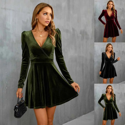 Robe courte en velours à taille haute et col en V – Élégante robe longue à manches gigot pour femme