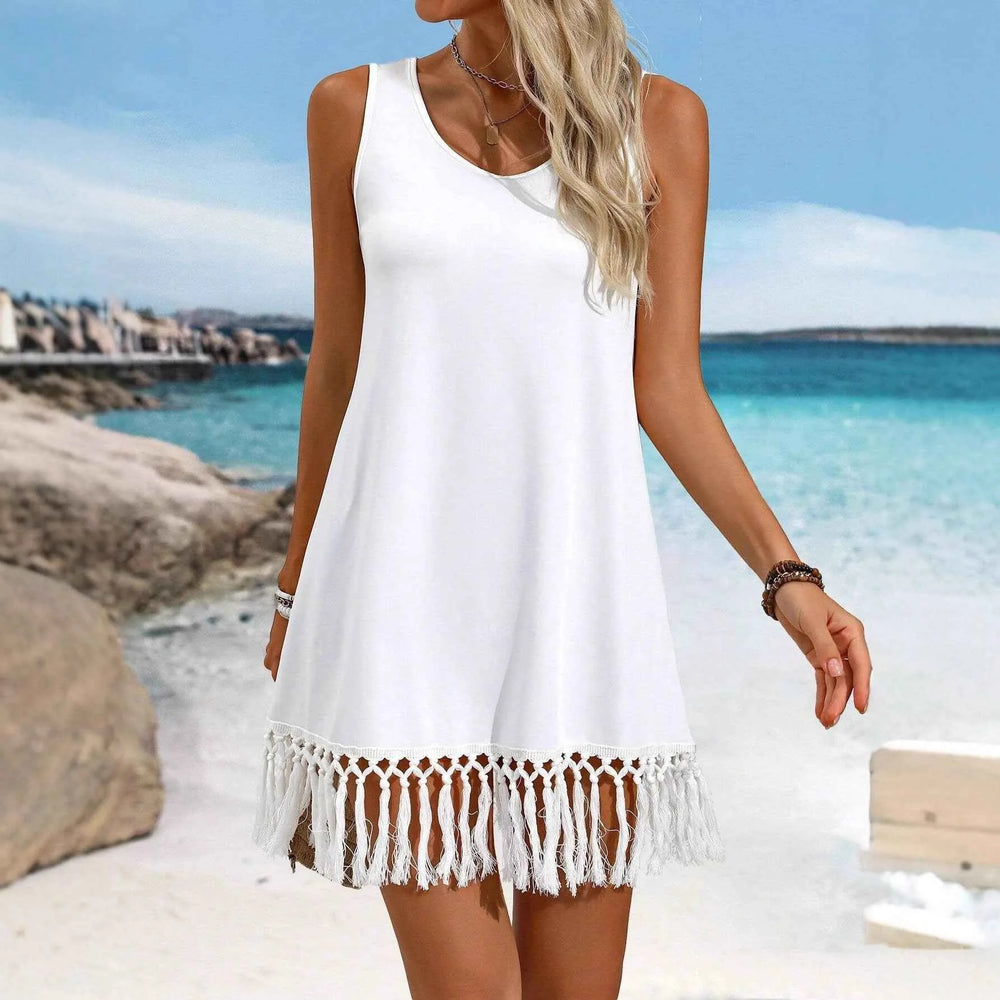 Robe unie style européen et américain avec franges – Robe sans manches mi-longue asymétrique