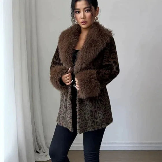 Long Manteau Rembourré Style Vison Imprimé Léopard Fausse Fourrure