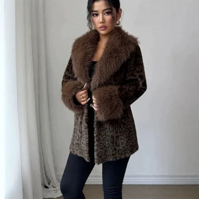 Faux Fur Leopard-Print Mink-Style Padded Long Coat
