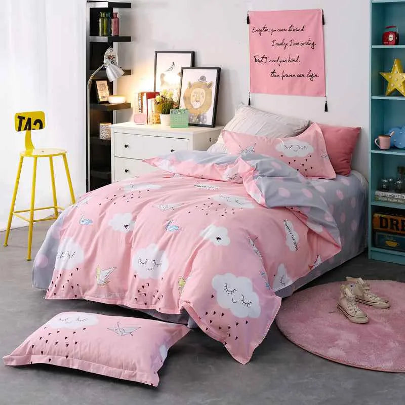 3-Piece Cotton Floral Bedding Set – Reactive Printed Cartoon Duvet Cover & Sheet Set