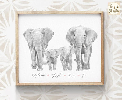Elephant Family Portrait Print with Personalized Names