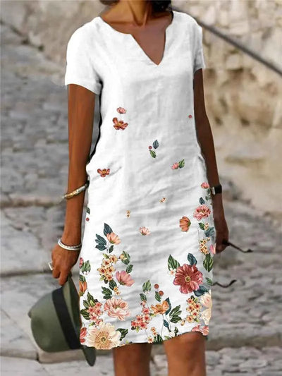 Women's Floral Print V-Neck A-Line Midi Dress – Short-Sleeve Casual Summer Dress