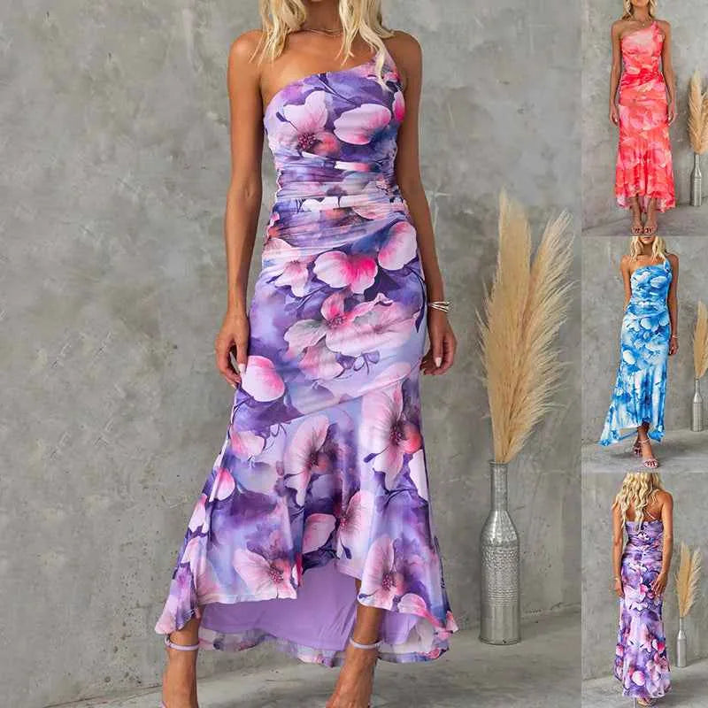 Floral Print One-Shoulder Maxi Dress – Women's Casual Summer Botanical Long Dress