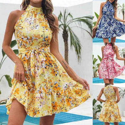 Robe Longue Fleurie à Col Dos-Nu pour Femme – Style Été avec Lacets et Volants