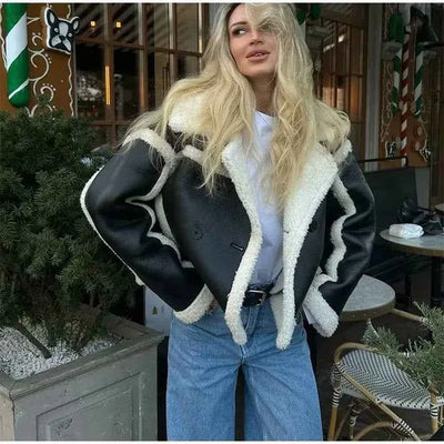 Manteau court ample pour femme en laine d'agneau