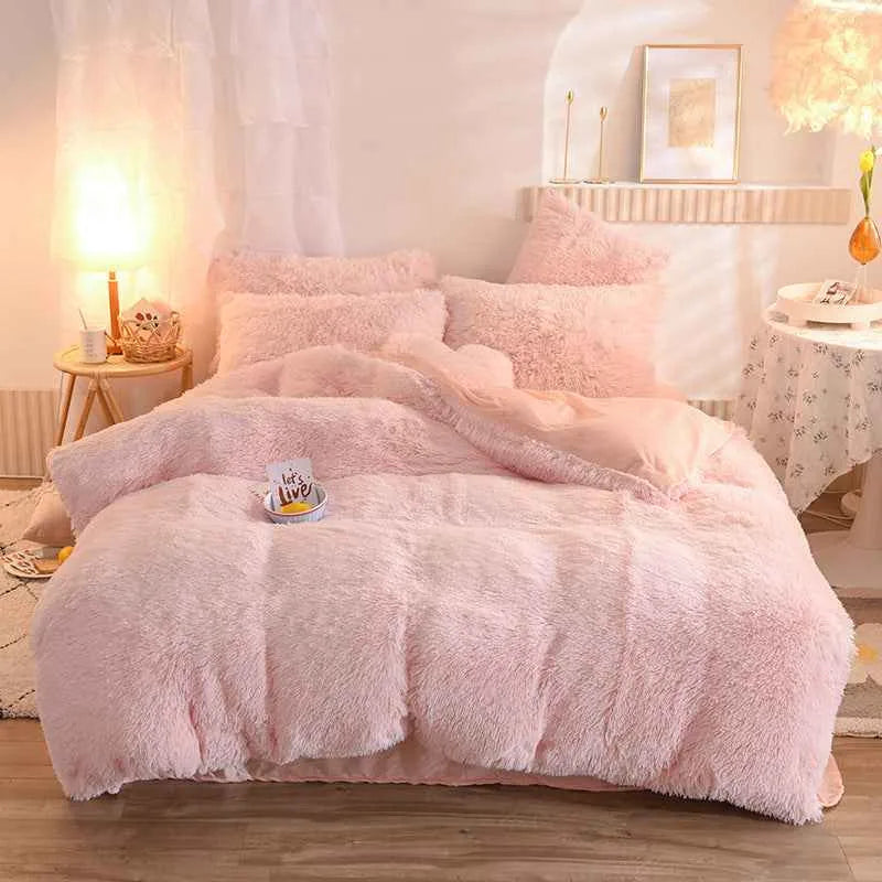 Ensemble de literie 4 pièces en velours de vison – Douce housse de couette en polyester, drap plat et taies d'oreiller