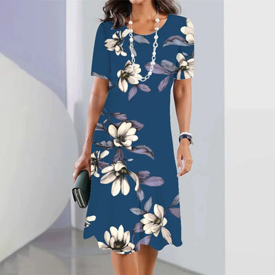 Robe Rétro Style Chinois pour Femmes avec Imprimé Floral 3D – Élégante Robe Bleue à Col Rond Sans Manches