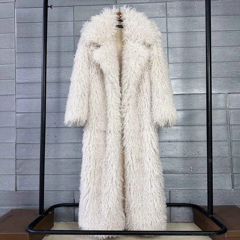 Women's Elongated Faux Fur Coat with Tailored Lapel