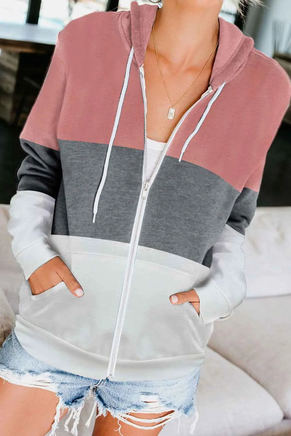 Women's Color-Contrast Hooded Zipper Cardigan Jacket