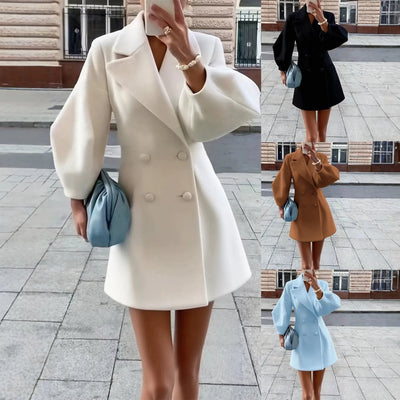 Women’s Retro Wool Coat – Puff Sleeve Double-Breasted Jacket with Large Lapel