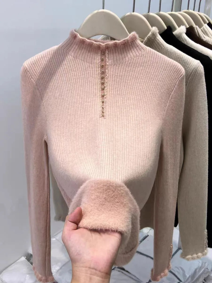 Women’s Fleece-Lined Mock Neck Thermal Top – Oversized One-Piece Pullover for Fall & Winter