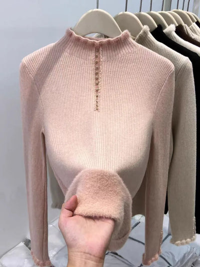 Chandail thermique à col mock doublé de molleton pour femme – Tricot ample une pièce pour l'automne et l'hiver