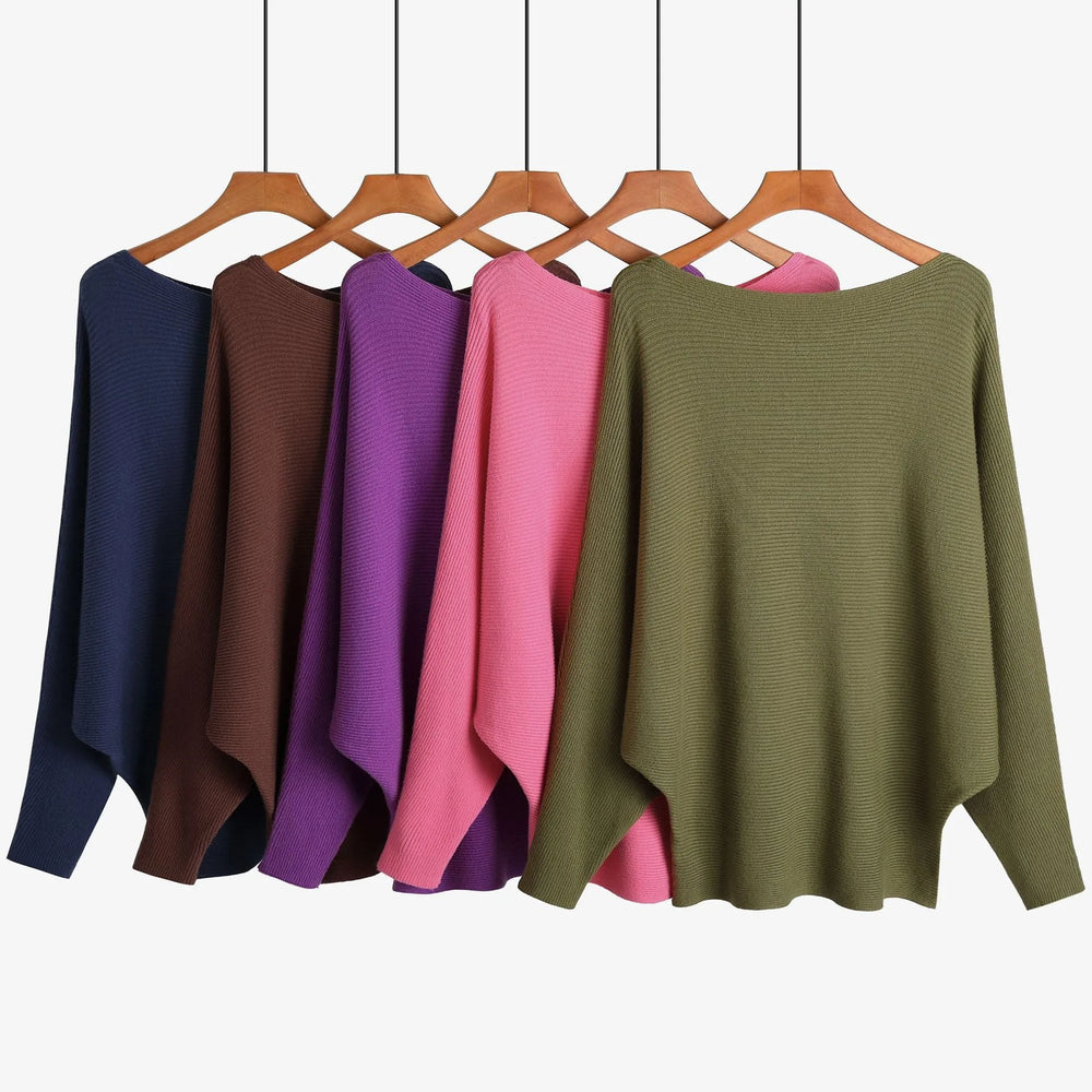 Haut en tricot à col licou et manches chauve-souris pour femme – Chandail décontracté extensible et ample