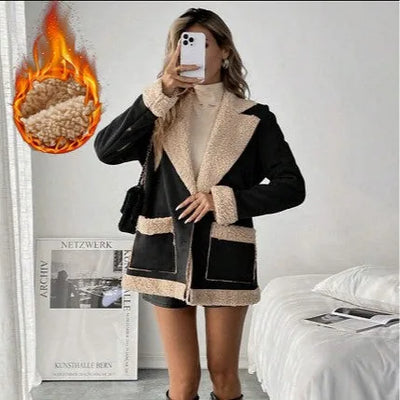 Manteau pour femmes en suède et velours côtelé avec laine d'agneau – Chaud manteau d'hiver à manches longues