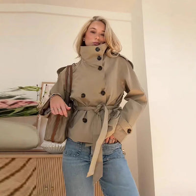 Women’s Retro Double-Breasted Trench Coat – Lapel Collar Long-Sleeve Lace-Up Short Jacket