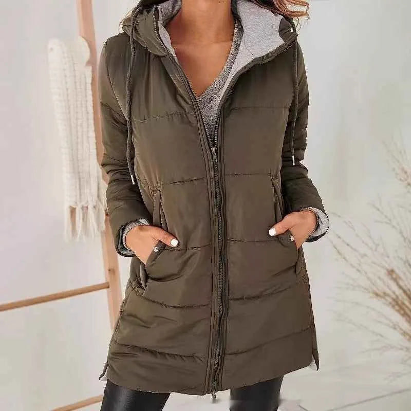 Women’s Hooded Long Cotton Coat with Pockets – Solid Color Casual Winter Jacket