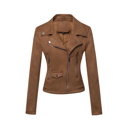 Women’s Slim-Fit Suede Leather Jacket – Short Commuter Motorcycle-Style Outerwear