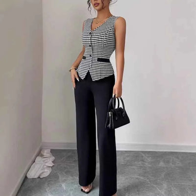 Ensemble deux pièces pour femme : veste à pied-de-poule et pantalon uni – Costume décontracté ajusté sans manches