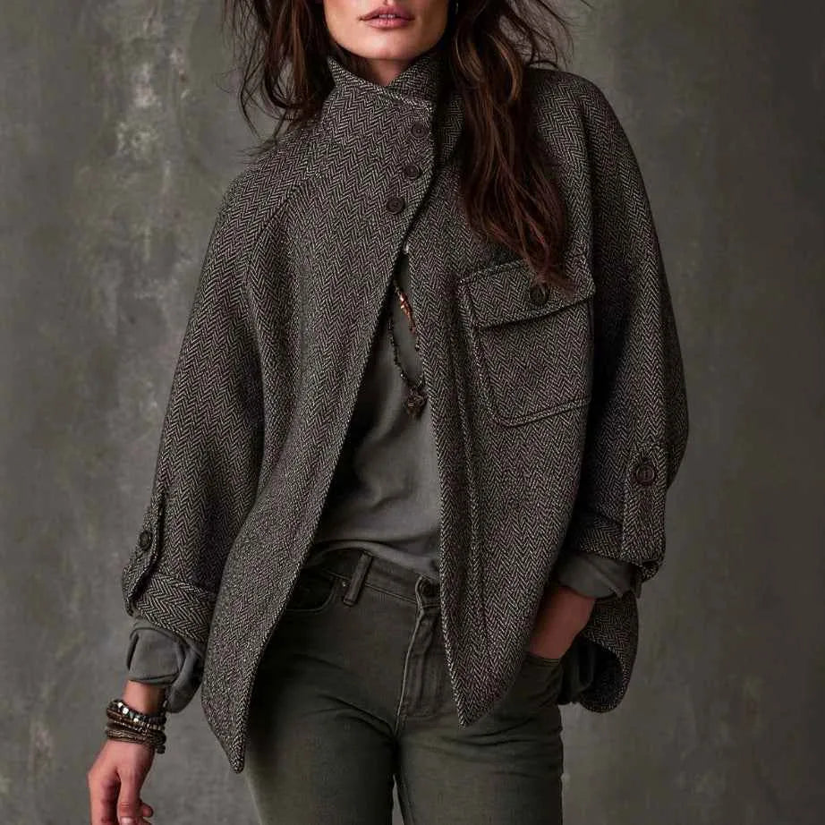 Women’s Vintage Oversized Herringbone Wool Coat – Long Relaxed-Fit Winter Outerwear Jacket