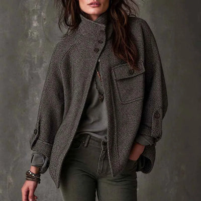 Manteau Long Vintage Oversize en Laine à Chevrons pour Femme – Vêtement d'extérieur d'hiver Coupe Détachée