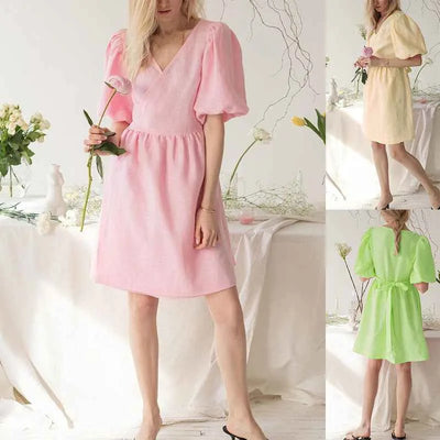 Robe mi-longue ample à col en V et manches courtes pour femme – Robe d'été décontractée