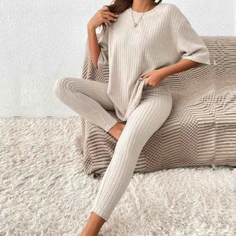 Ensemble 2 pièces pour femme : T-shirt à épaules tombantes et leggings – Tenue urbaine décontractée avec manches 3/4