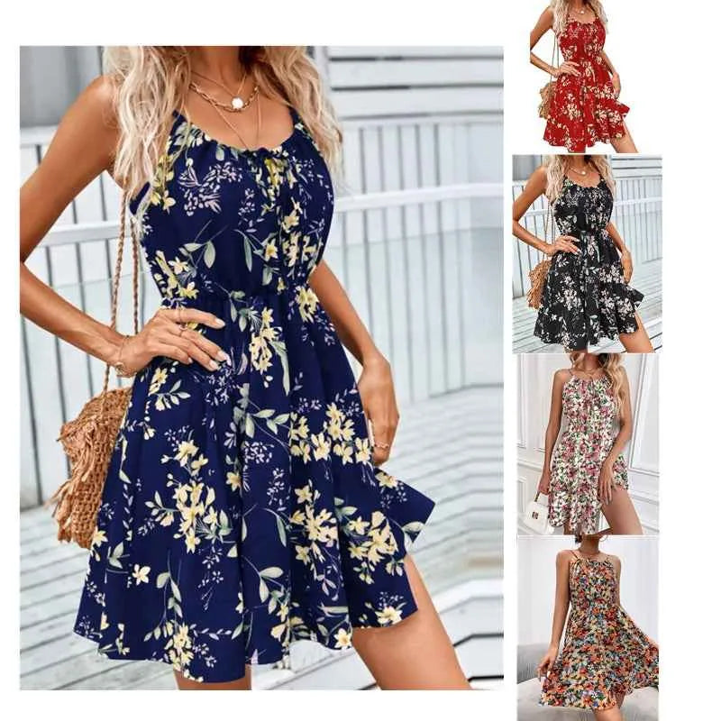 Robe à bretelles à imprimé floral avec taille élastique – Robe courte mode d'été pour femmes