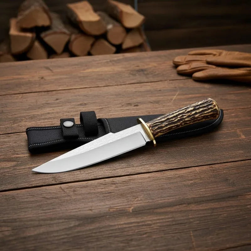 Couteau de chasse Bowie à lame fixe avec manche en faux corne de cerf et talon en acier