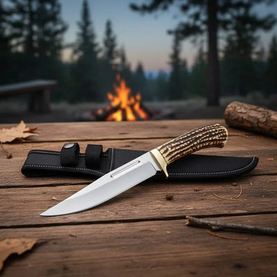 Bowie Hunting Knife Fixed blade with Faux Stag Horn Brass Guard