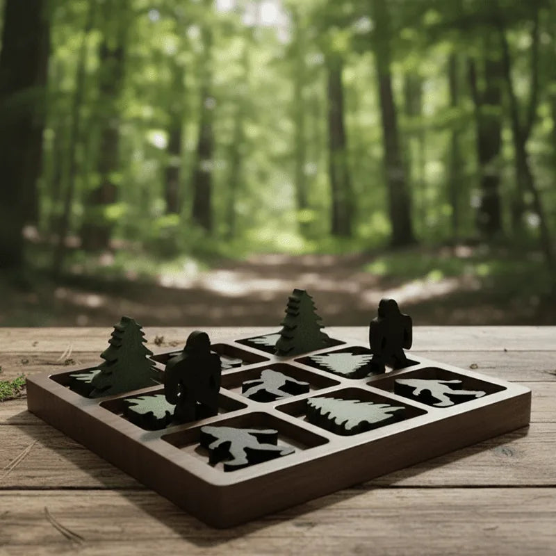 Jeu de Tic-Tac-Toe en bois fait à la main, 7,9 po, avec motif de Bigfoot et de pin