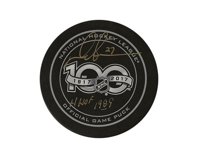 Palet de match officiel NHL 100e anniversaire autographié par Darryl Sittler avec l'inscription « HHOF 1989 »